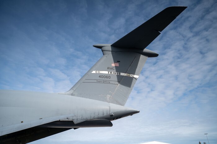 A U.S. Air Force C-5M Super Galaxy assigned to the 60th Air Mobility Wing at Travis Air Force Base on display at the California Capital Airshow, Mather California, March 22, 2025.