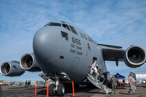 A U.S. Air Force C-17 Globemaster III assigned to the 60th Air Mobility Wing at Travis Air Force Base on display at the California Capital Airshow, Mather California, March 22, 2025.