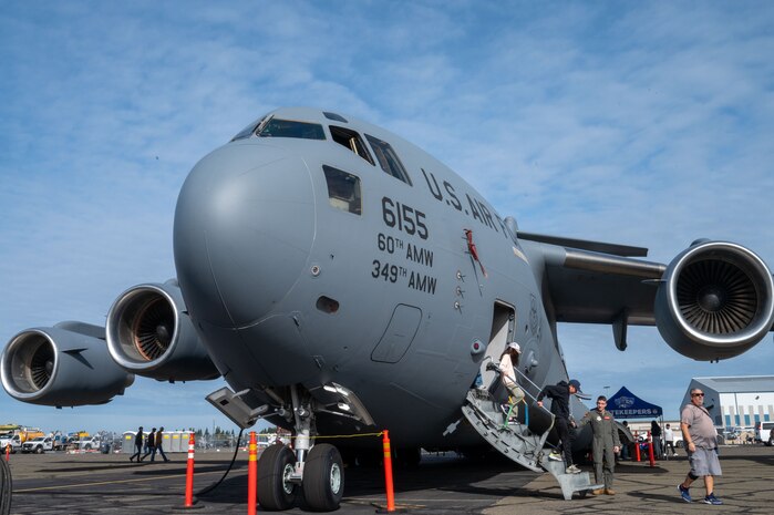 A U.S. Air Force C-17 Globemaster III assigned to the 60th Air Mobility Wing at Travis Air Force Base on display at the California Capital Airshow, Mather California, March 22, 2025.