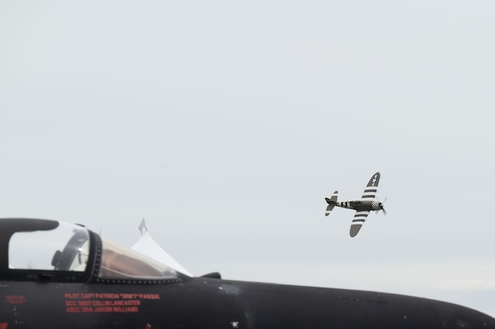 A P-47 Thunderbolt turns over the airfield at the California Capital Airshow with a U-2 Dragon Lady on display below, Mather, California, March 23, 2025.