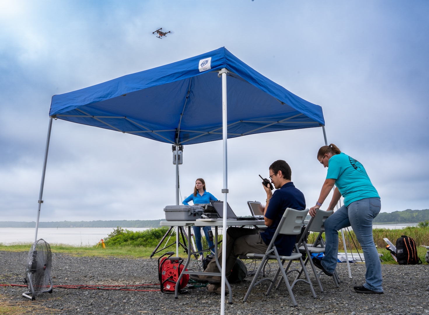 Naval Surface Warfare Center Dahlgren Division Potomac River Test Range Operations Branch team tested both fixed wing and quadcopter unmanned aerial vehicles to support the testing of an optical tracking system (NSWCDD photo by Morgan Tabor).