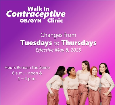 Irwin Army Community Hospital’s Walk-in Contraceptive Clinic is changing its day of service to better accommodate patients. Effective May 8, 2025, the clinic will be available on Thursdays instead of Tuesdays. Hours of operation will remain the same.
