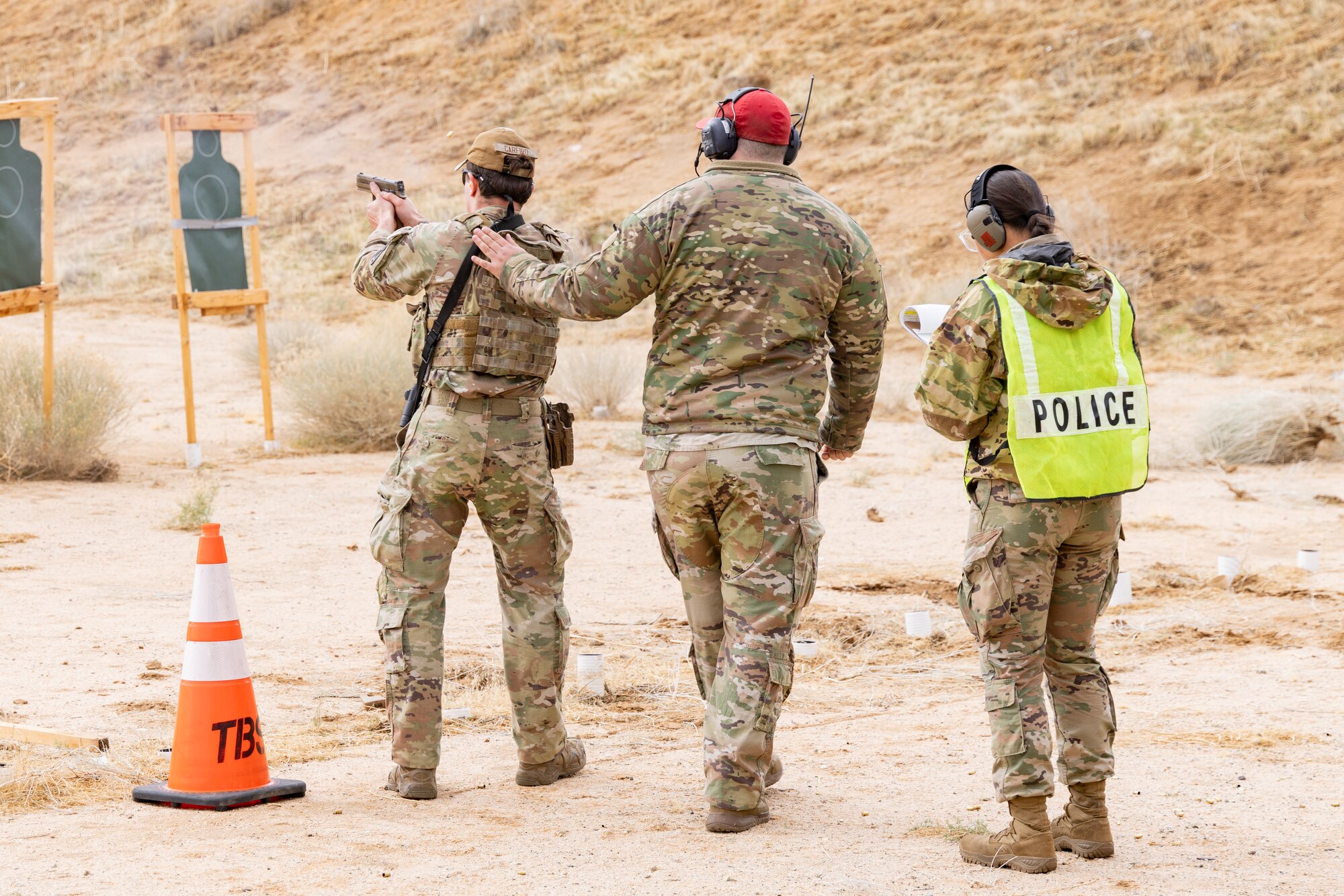 Senior Airman Anthony Carfiro, 412th Security Forces Squadron engages targets during the marksmanship portion of the 412th Security Forces Squadron’s Advanced Combat Training Exercise at Edwards Air Force Base, California, March 11. (Air Force photo by Madeline Guadarrama)