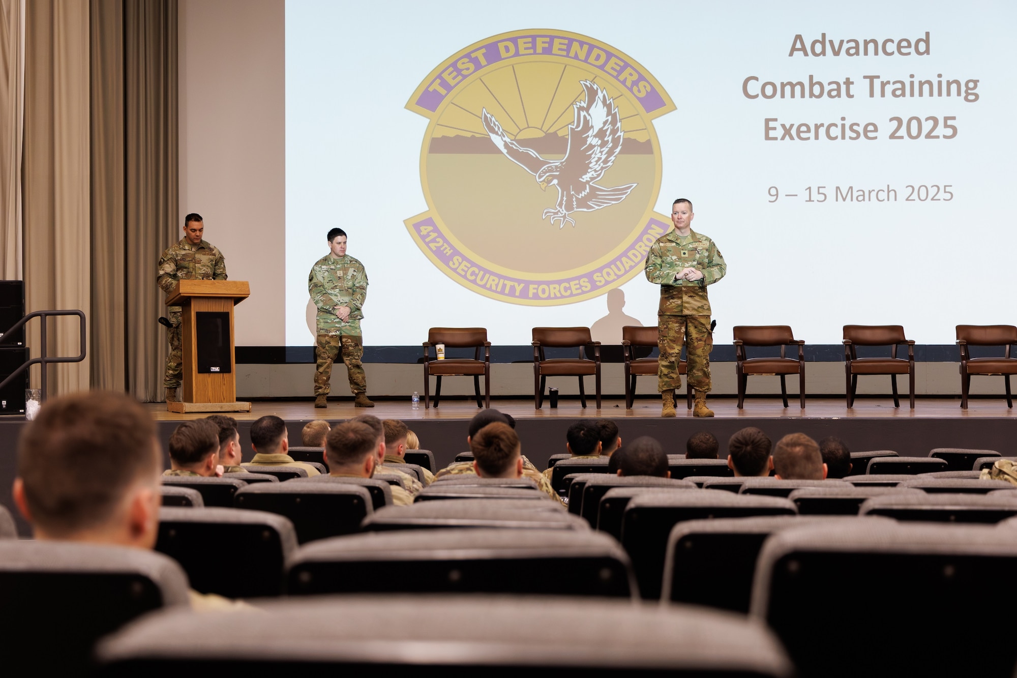 Lt. Col. Patrick Gordon, 412th Security Forces Commander, provides his opening statements during the first day of the 412th Security Forces Squadron’s Advanced Combat Training Exercise, March 9. The ACTE, which went from March 9-15, aimed to address key shortfalls identified in previous training exercises and flag events, ensuring participants received comprehensive instruction and evaluation. The training was structured to assess and develop capabilities at multiple levels, including individual performance, fire team coordination, and squad-level operations. (Air Force photo by C.J. Raterman)