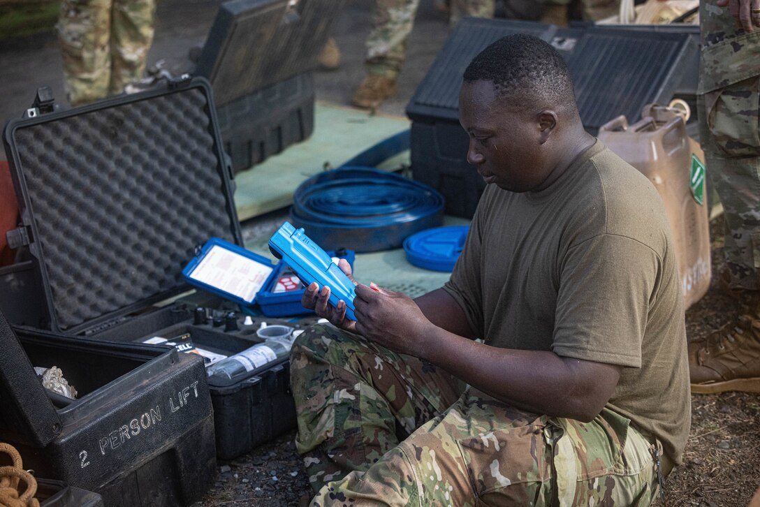 U.S. Army Soldiers from the Division Support Sustainment Battalion, Division Sustainment Brigade, 25th Infantry Division use Tactical Water Purification Systems (TWPS) to restore water supply capabilities to the Division in preparation of Exercise Salaknib 2025 on Fort Magsaysay, Philippines, March 17, 2025.