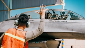 U.S. Air Force Lt. Col. Michael Ress, 309th Fighter Squadron commander, signals farewell in the cockpit of a U.S. F-16 Fighting Falcon.
