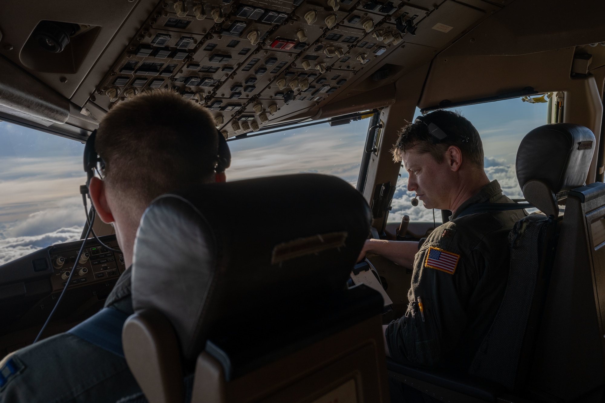 From left, Capt. Dominic Haight, 344th Air Refueling Squadron assistant flight commander, and Maj. Tyler Johnson 22nd Operations Support Squadron chief of current operations, operate a KC-46A Pegasus over Europe, March 13, 2025. Team McConnell provided air refueling support during exercise Fighting Wyvern 25-01; a large-scale combat readiness exercise. McConnell’s crew consisted of pilots, boom operators, maintainers and flying crew chiefs. Fighting Wyvern provided a training opportunity for teams to integrate before real-world missions. (U.S. Air Force photo by Airman 1st Class Paula Arce)