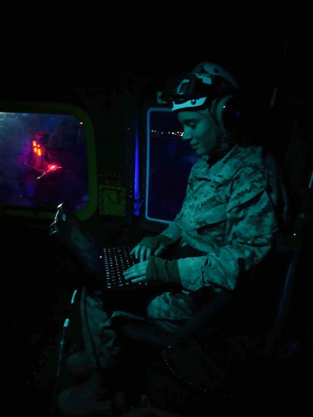 U.S. Marine Corps 2nd Lt. Brianna Tribou, an air intelligence officer with the 4th Special Security Communications Team, 3rd Marine Aircraft Wing, conducts hands-on training with the Intrepid Tiger II (IT-II) electronic warfare system during the 2nd Marine Aircraft Wing's Service Level Training Exercise 2-25, at Marine Corps Air Ground Combat Center, Twentynine Palms, California, Feb. 20, 2025. Marines with 4th SSCT led the IT-II training to enhance electronic warfare integration across the Marine Corps, preparing forces for future missions in complex and contested environments. (U.S. Marine Corps photo by Sgt. Marcus Steindl)