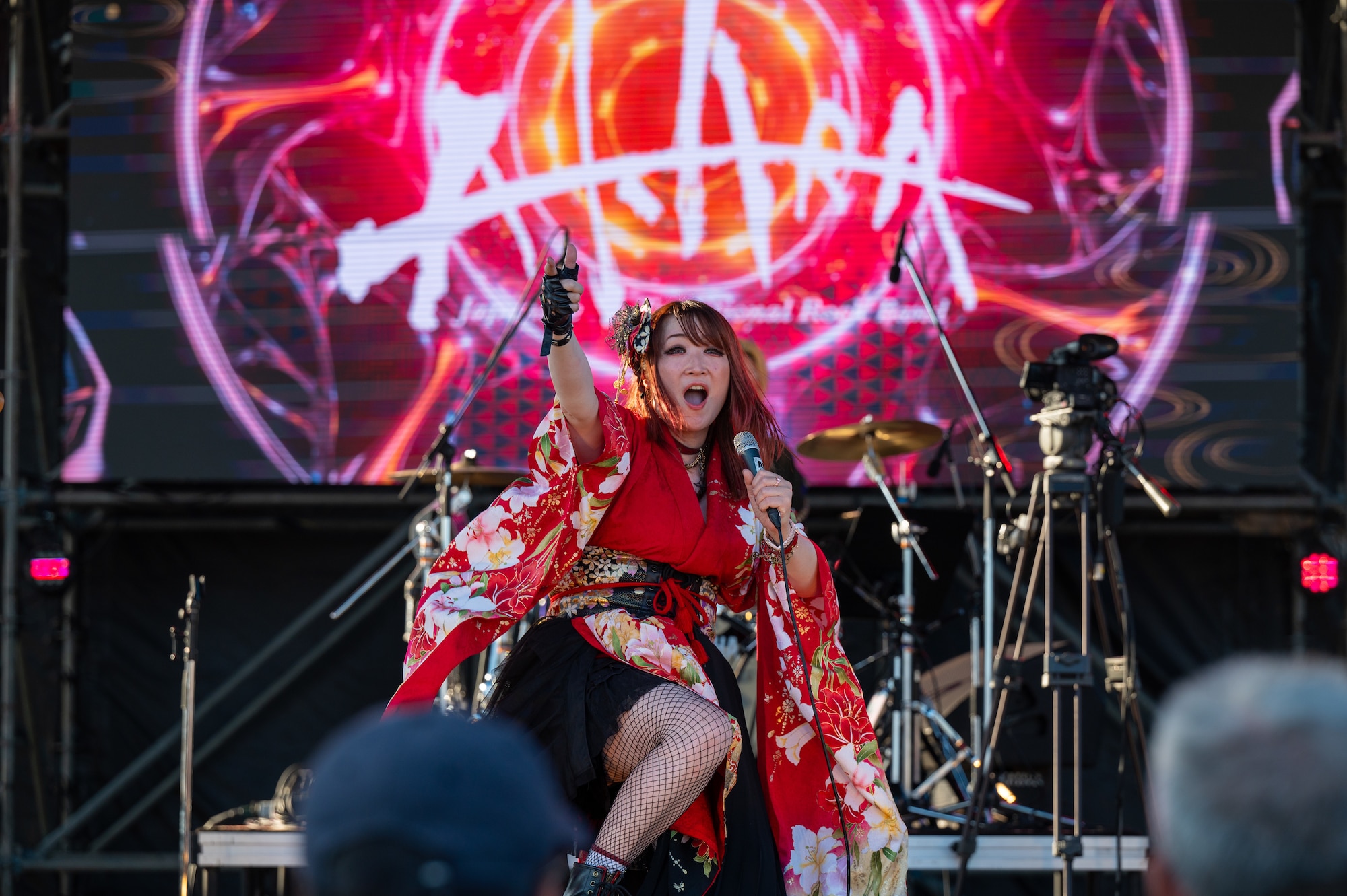 A singer on stage is performing.