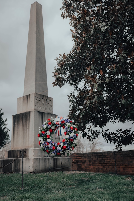 A presidential wreath is placed at the final resting place of the fourth President of the United States, James Madison, at his home at Montpelier, Orange, Virginia, March 16, 2025. This ceremony was held in commemoration of the 274th anniversary of the birthdate of President James Madison who contributed to the producing of the Constitution of the United States of America and authoring the Bill of Rights. (Marine Corps photo by Lance Cpl. Harleigh Faulk)