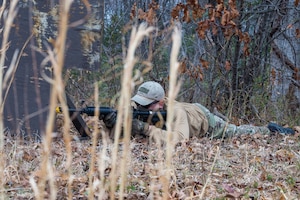 Jacob Anderson prepares to simulate an attack during a combat readiness exercise.