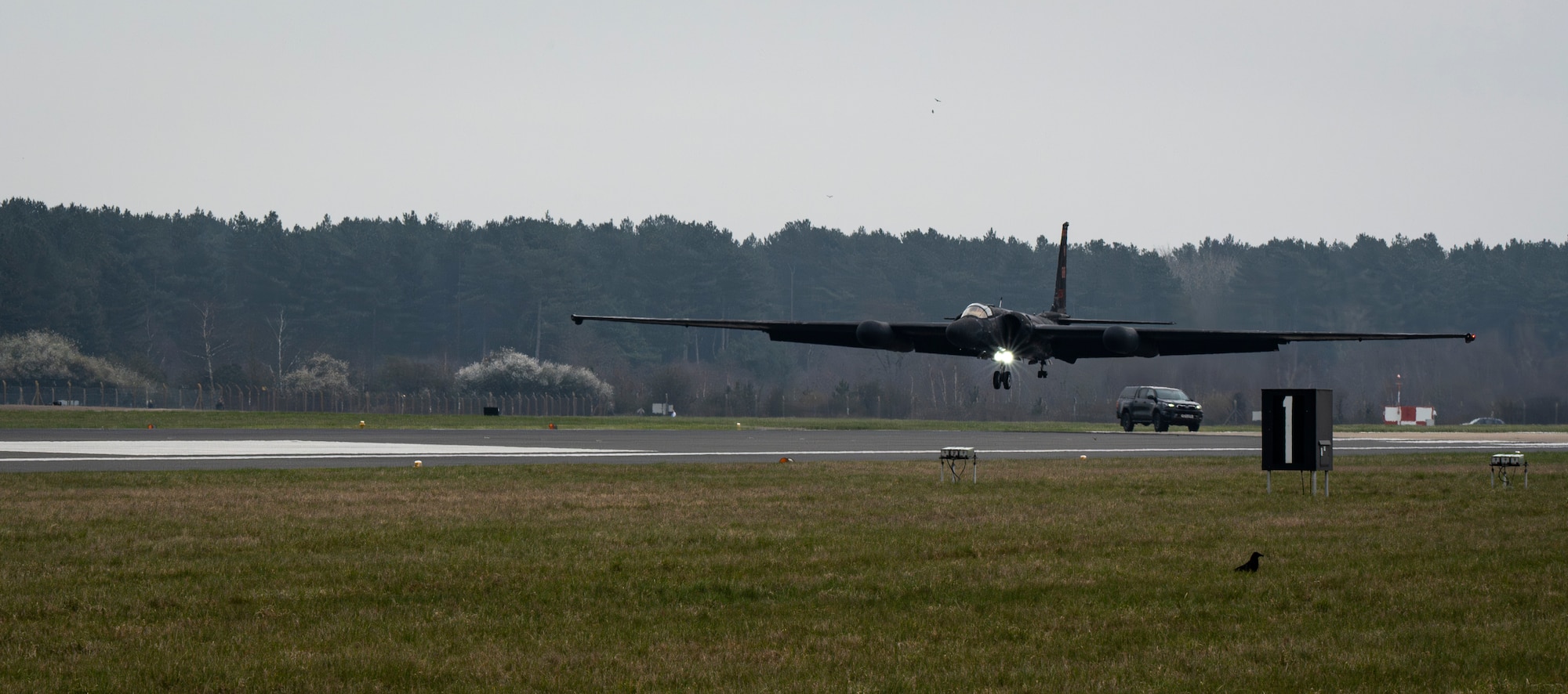 A U.S. Air Force U-2 Dragon Lady from the 99th Expeditionary Reconnaissance Squadron, RAF Fairford, England, descends onto the tarmac to aid in divert training at RAF Mildenhall, England, March 25, 2025.
