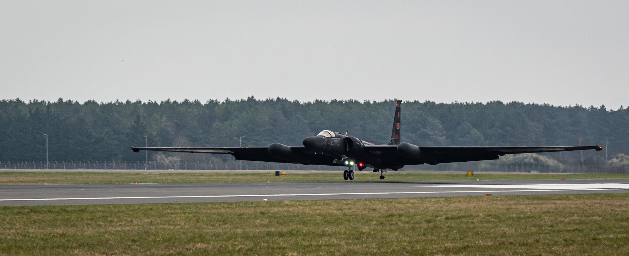 A U.S. Air Force U-2 Dragon Lady from the 99th Expeditionary Reconnaissance Squadron, RAF Fairford, England, lands to conduct divert training at RAF Mildenhall, England, March 25, 2025.