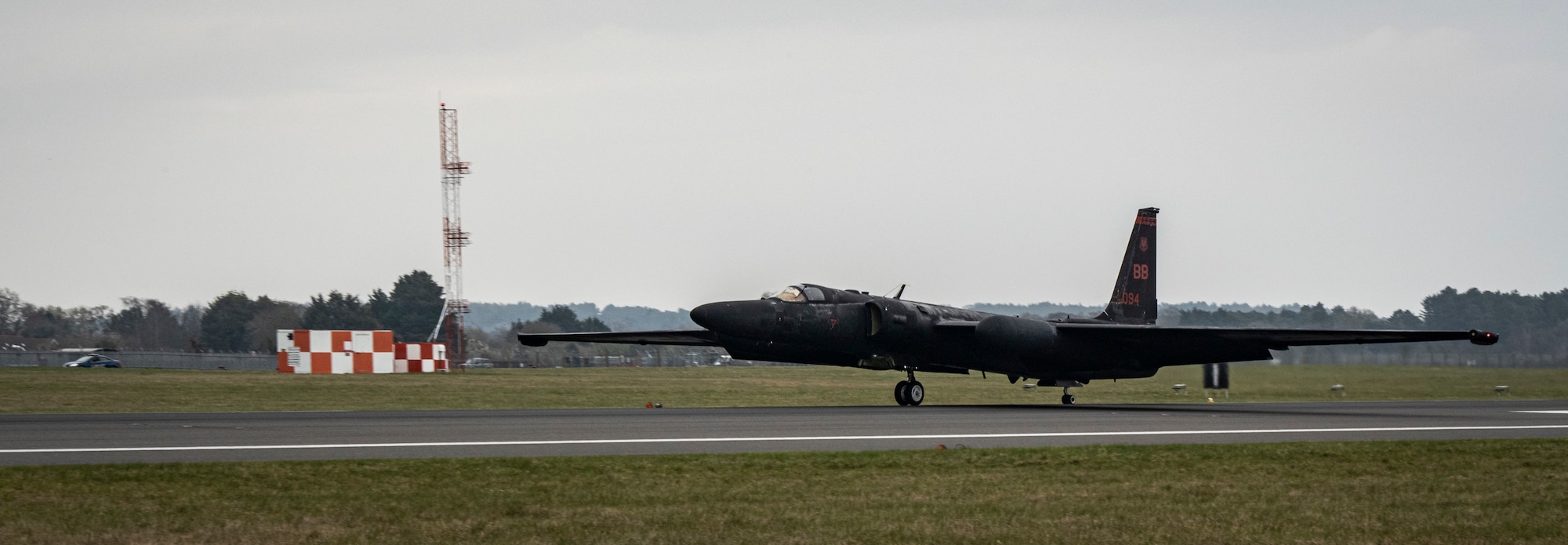 A U.S. Air Force U-2 Dragon Lady from the 99th Expeditionary Reconnaissance Squadron, RAF Fairford, England, decelerates on the runway after arriving for divert training at RAF Mildenhall, England, March 25, 2025.