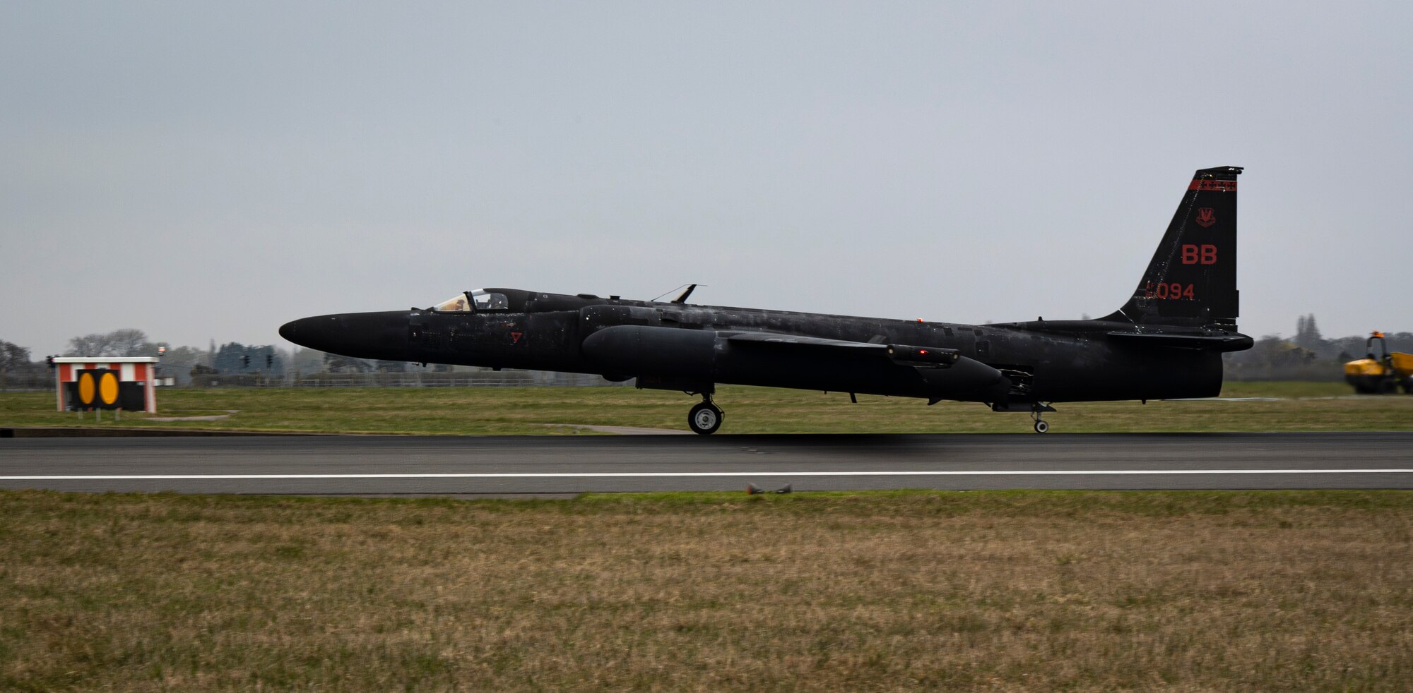 A U.S. Air Force U-2 Dragon Lady from the 99th Expeditionary Reconnaissance Squadron, RAF Fairford, England, decelerates on the runway after arriving for divert training at RAF Mildenhall, England, March 25, 2025.