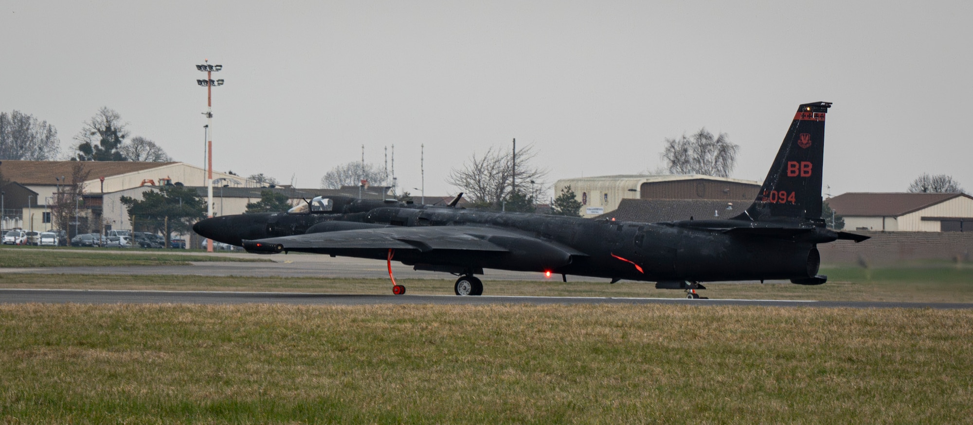 A U.S. Air Force U-2 Dragon Lady from the 99th Expeditionary Reconnaissance Squadron, RAF Fairford, England, taxis onto the flight line after pogo landing gear is installed at RAF Mildenhall, England, March 25, 2025.