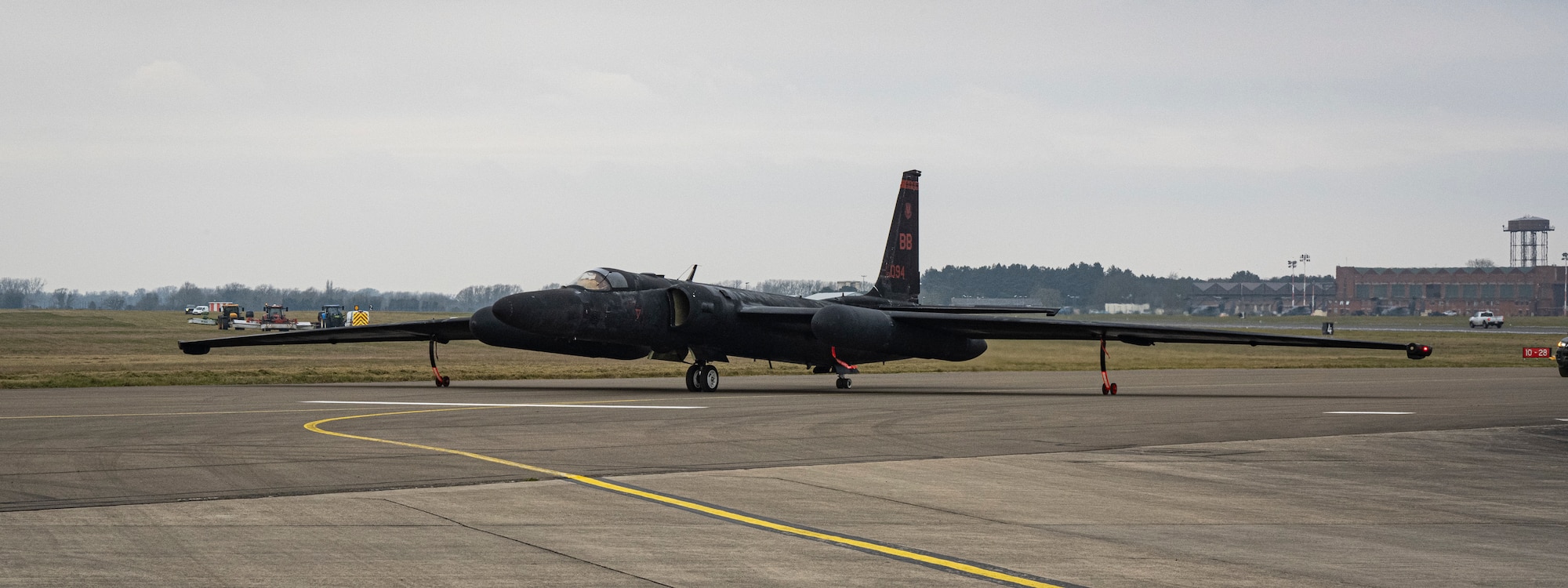 A U.S. Air Force U-2 Dragon Lady from the 99th Expeditionary Reconnaissance Squadron, RAF Fairford, England, prepares for divert training at RAF Mildenhall, England, March 25, 2025.