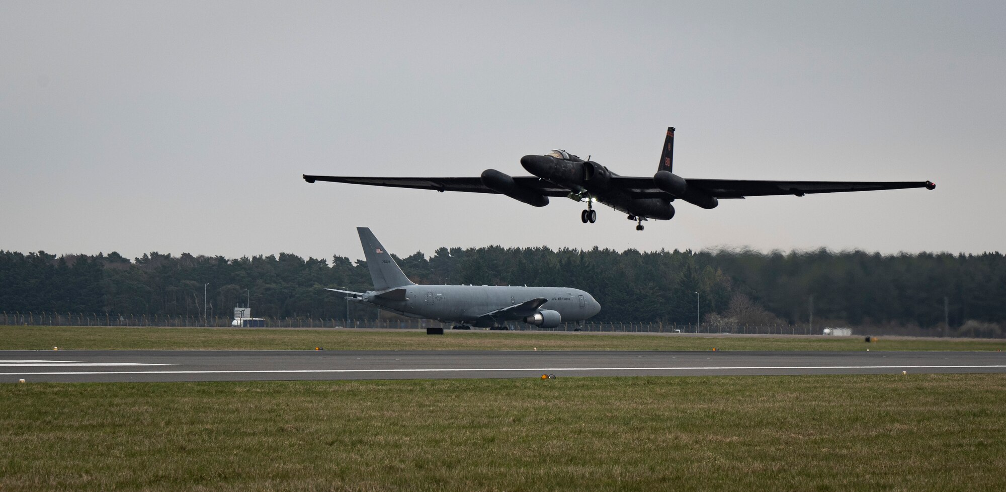 A U.S. Air Force U-2 Dragon Lady from the 99th Expeditionary Reconnaissance Squadron, RAF Fairford, England, lifts off the runway at RAF Mildenhall, England, March 25, 2025.