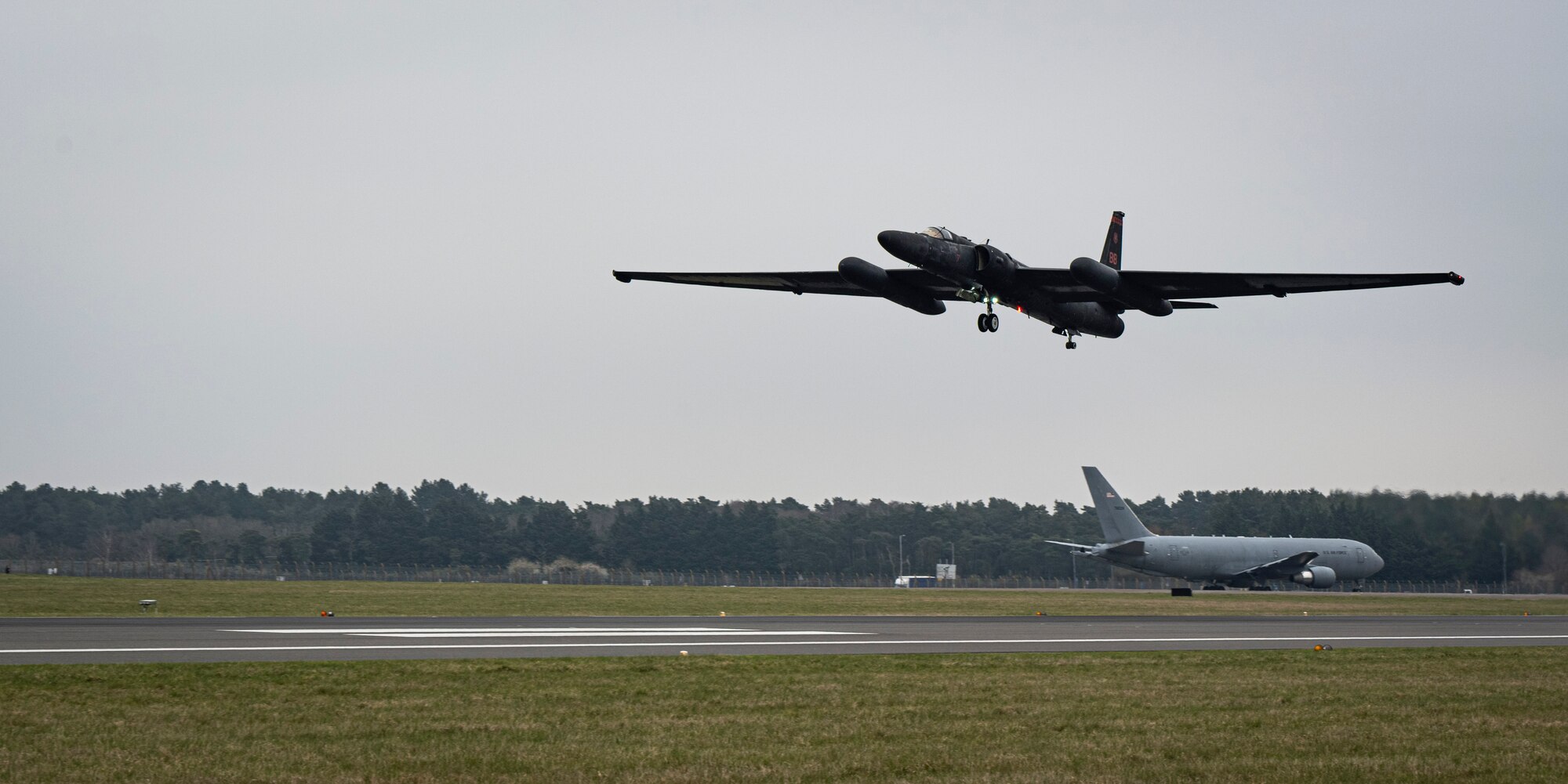 A U.S. Air Force U-2 Dragon Lady from the 99th Expeditionary Reconnaissance Squadron, RAF Fairford, England, takes off at RAF Mildenhall, England, March 25, 2025.
