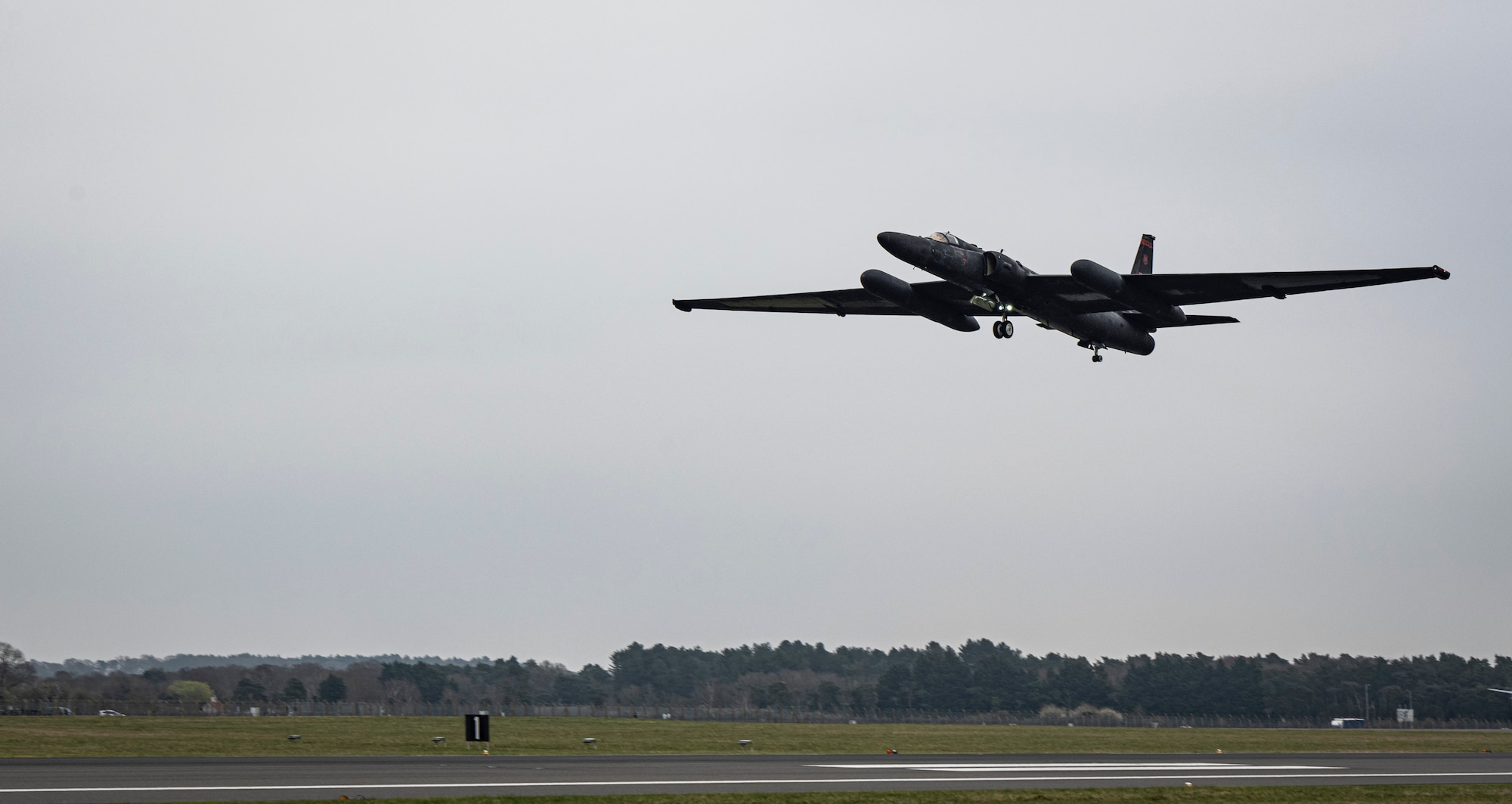 A U.S. Air Force U-2 Dragon Lady from the 99th Expeditionary Reconnaissance Squadron, RAF Fairford, England, accelerates off the runway at RAF Mildenhall, England, March 25, 2025.