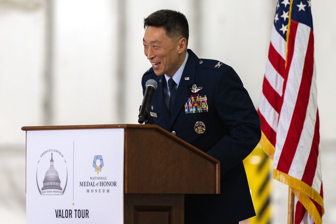 Col. Jun S. Oh speaks at a Medal of Honor event held at Joint Base Andrews.