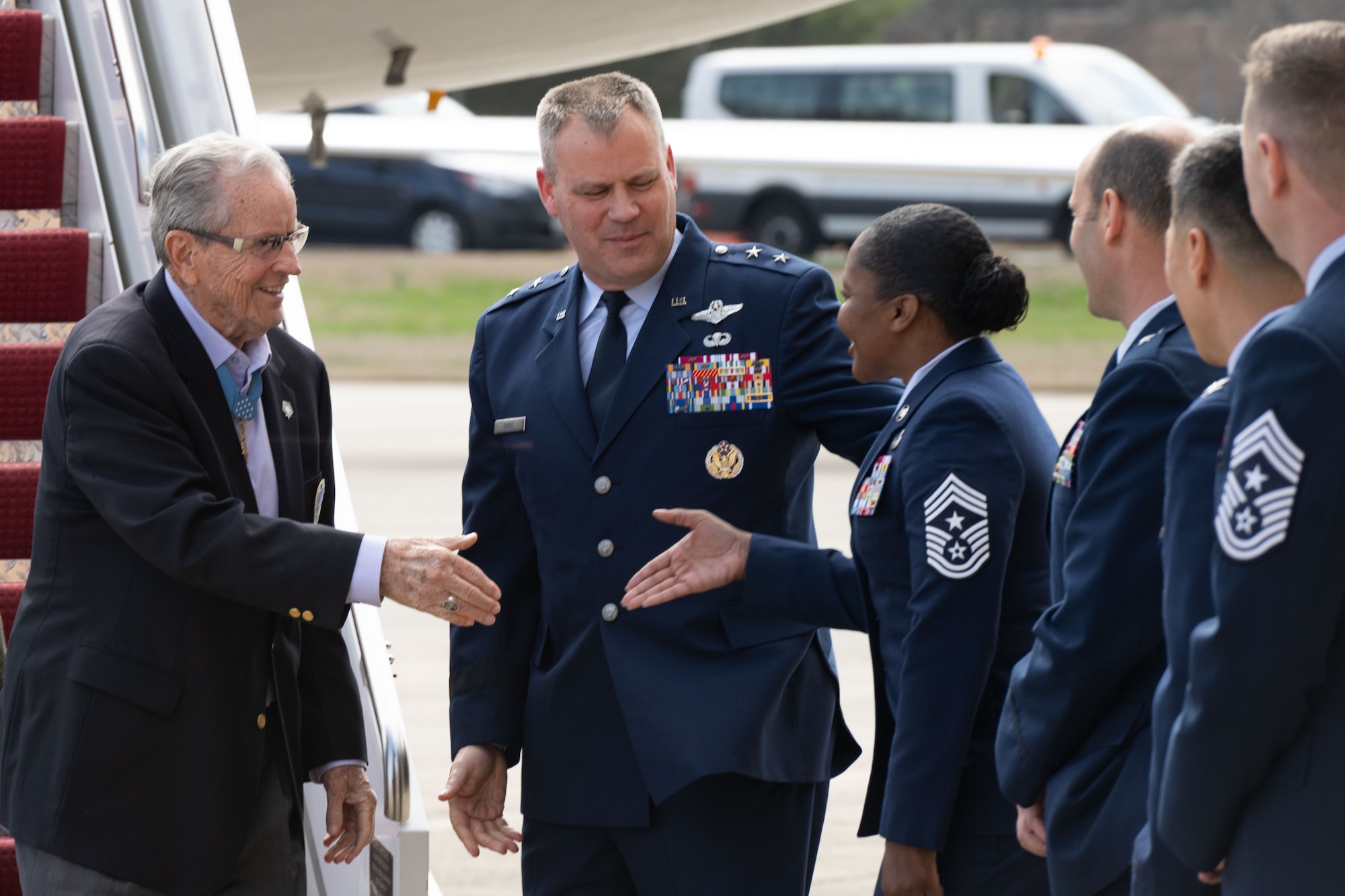 Maj. Gen. Patrick H. Brady, a Medal of Honor recipient, arrives at Joint Base Andrews.