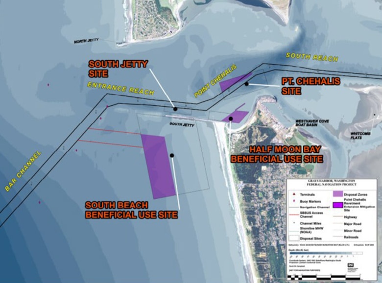 Map illustration of the outer harbor of Grey's Harbor, in Grays Harbor County, on the southwest corner of the Olympic Peninsula along the Pacific Ocean. USACE, Seattle District begins maintenance dredging operations along this area, April 8, 2025.