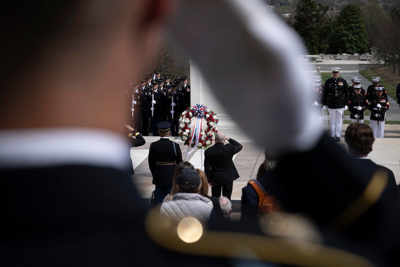 Through the back of a soldier's salute, more people in uniform are pictured saluting at a wreath in front of tombs.