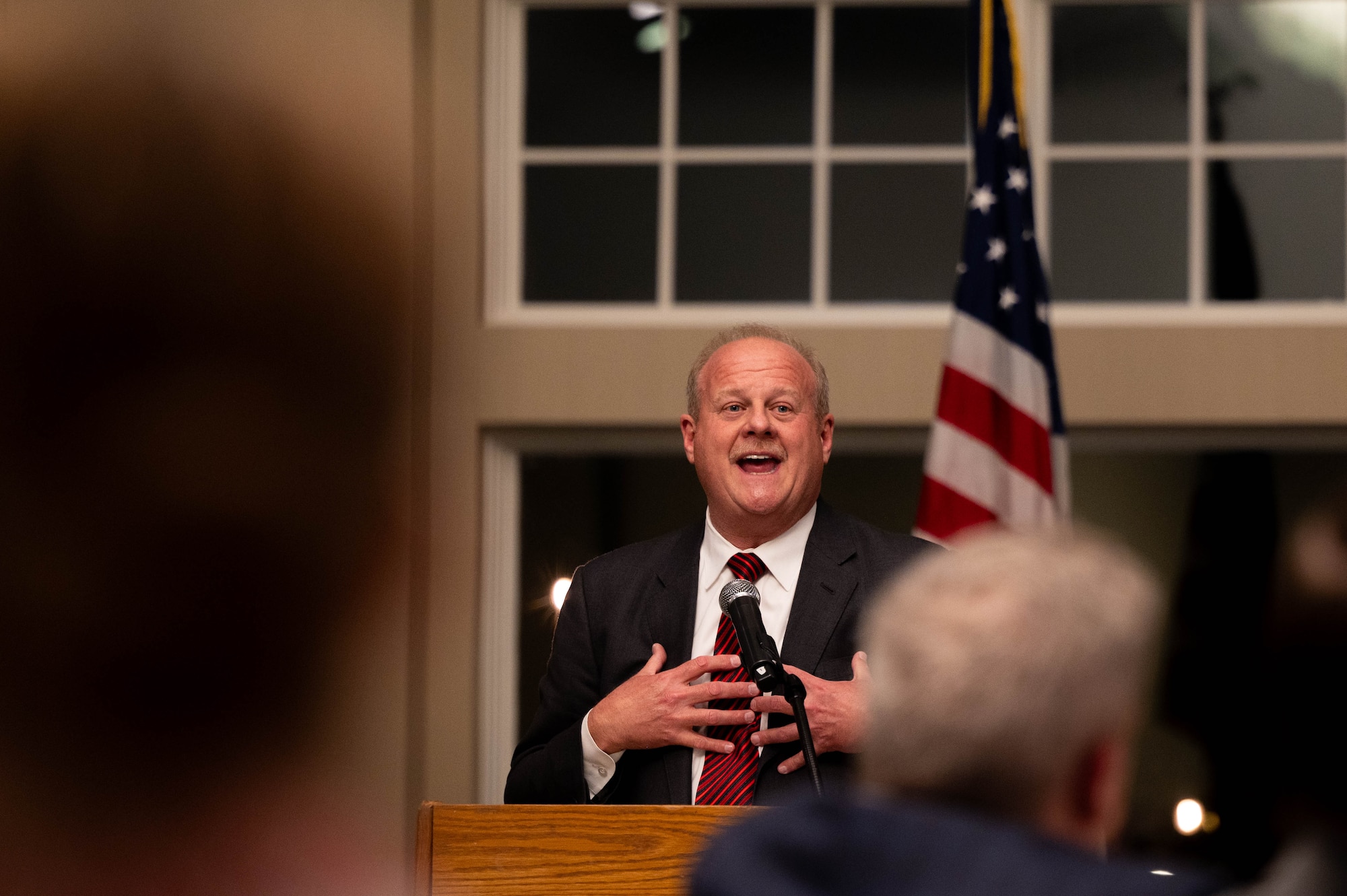 St. Clair County Board Chairman Mark Kern addresses the crowd at the 75th Belle-Scott Enlisted Dinner at the St. Clair Country Club, Belleville Illinois, March 20, 2025. “Scott AFB is part of our community and part of the DNA of the county,”said Kern. “We’ve been neighbors for a long time and will be for many more years to come.”(U.S. Air Force photo by Senior Airman Shelby Rapert)