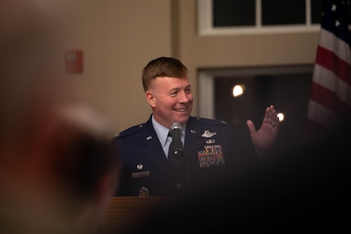 U.S. Air Force Col. John Poole, 375th Air Mobility Wing commander, provides remarks at the 75th Belle-Scott Enlisted Dinner at the St. Clair Country Club, Belleville Illinois, March 20, 2025.“Through the highs and lows of the last seven decades, the Belle-Scott Committee has been firmly grounded in its commitment to supporting Scott AFB,” said Poole. “You enable us to deliver hope, freedom and victory anywhere in the world…thank you for your continued support.”(U.S. Air Force photo by Senior Airman Shelby Rapert)