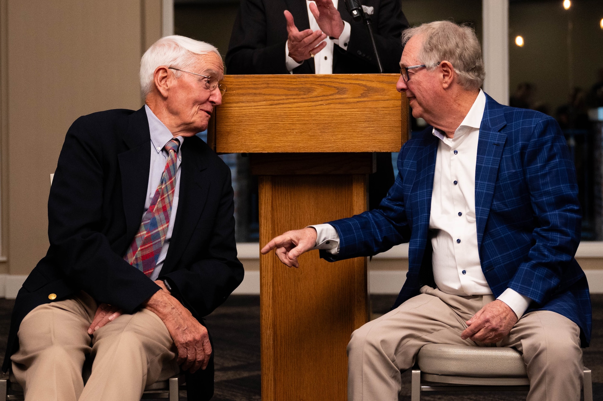 U.S. Army Veteran John Harryman and U.S. Marine Corps Veteran Tom Tribout share a moment while being recognized for their prior service at the 75th Belle-Scott Enlisted Dinner at the St. Clair Country Club, Belleville Illinois, March 20, 2025. When Harryman asked, “When you were over there, did you ever think we’d end up here?” Tribout said, “I remember every second like it was yesterday - I am just happy to be here today.”(U.S. Air Force photo by Senior Airman Shelby Rapert)