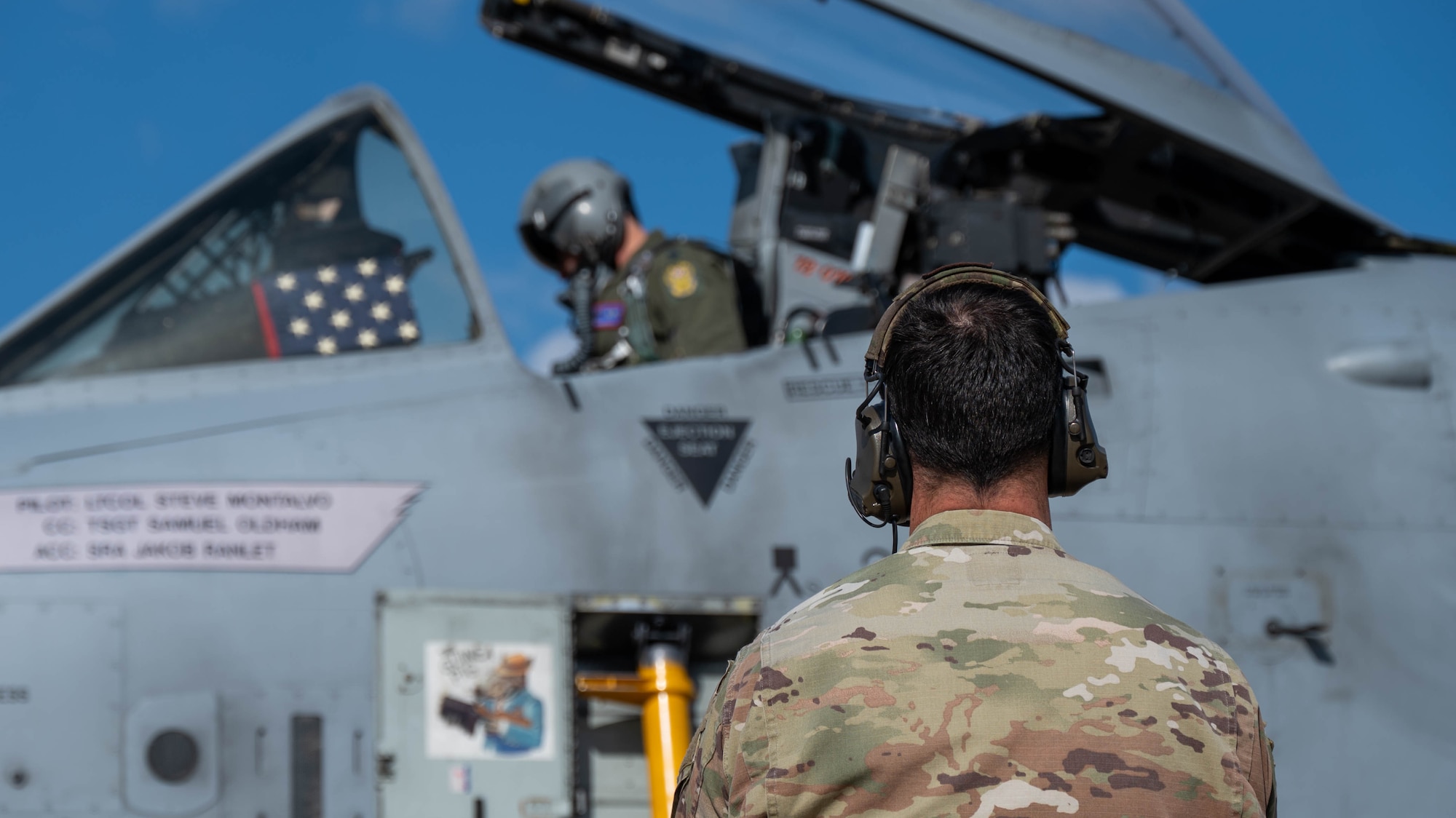 Maryland Air National Guard Lt. Col. Steven Montalvo, 175th Wing inspector general and A-10 pilot for the 104th Fighter Squadron, and Master Sgt. Christipher Kelley, 175th Command Post superintendent and former crew chief, prepare for the departure of the final flight of the A-10C Thunderbolt II aircraft 705 at Warfield Air National Guard Base at Martin State Airport, Maryland, March 26, 2025.
