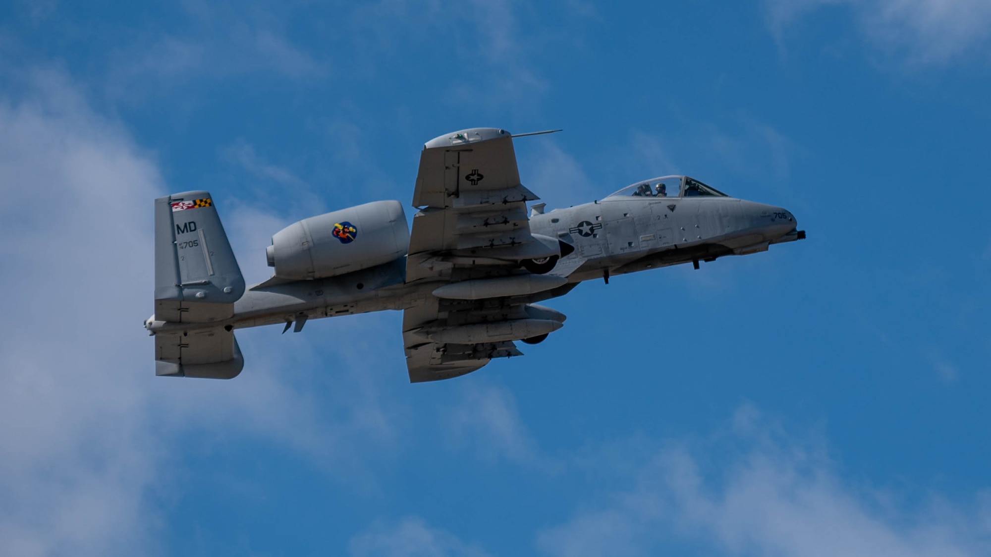 Maryland Air National Guard Lt. Col. Steven Montalvo, 175th Wing inspector general and A-10 pilot for the 104th Fighter Squadron, flies the A-10C Thunderbolt II aircraft 705 out of Warfield Air National Guard Base at Martin State Airport, Maryland, March 26, 2025.