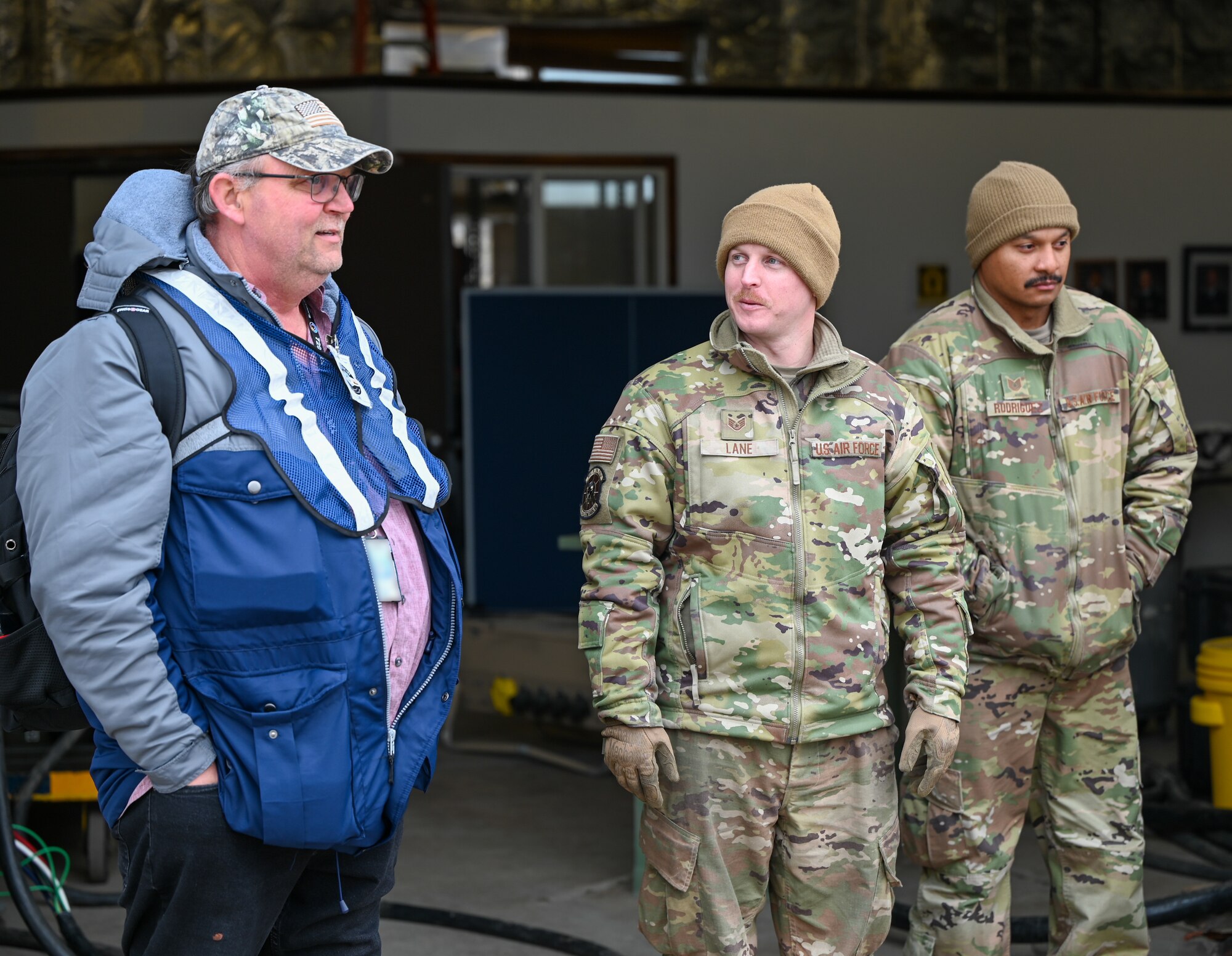 An Airman from the 729th Air Control Squadron speaks with a civilian evaluator during a deployment readiness exercise at Hill Air Force Base, Utah, Jan. 13, 2025. The exercise measured the squadron’s ability to coordinate with inspection teams to validate mobility operations.
(U.S. Air Force photo by Garrett N. Cole)