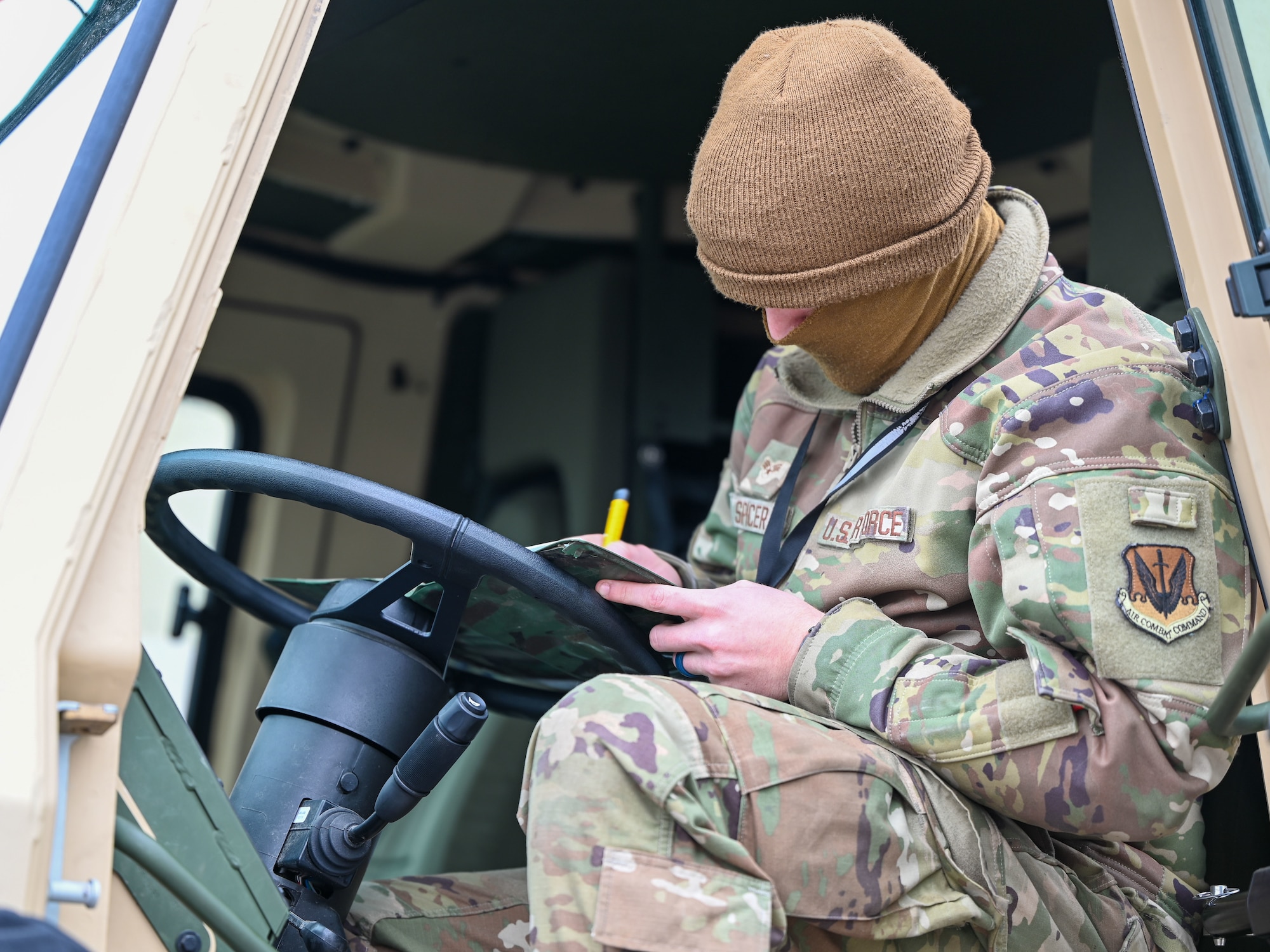 An Airman from the 729th Air Control Squadron completes a pre-deployment checklist from the cab of a vehicle during an exercise at Hill Air Force Base, Utah, Jan. 13, 2025. Documentation helps verify the readiness and accountability of all assigned assets.
(U.S. Air Force photo by Garrett N. Cole)
