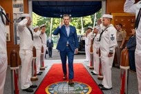 U.S. Secretary of Defense Pete Hegseth is piped aboard at the U.S. Pacific Fleet boathouse in Pearl Harbor, Hawaii, March 24, 2025.