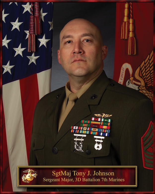 Sergeant Major Johnson was born on 15 July 1983 in Los Angeles, California.  He enlisted in the Marine Corps on 10 April 2006. He attended recruit training at the Marine Corps Recruit Depot, San Diego, California.  After graduating recruit training, he attended Marine Combat Training (MCT) at Camp Pendleton, California.  Following completion of MCT he attended MOS school at Marine Corps Air Ground Combat Center, 29 Palms for Ground Communications Technician Electronics Course (2844).