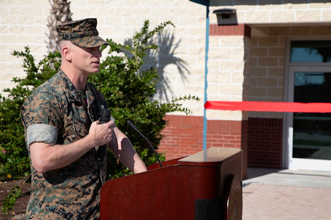U.S. Marine Corps Col. Luke Watson, commanding officer of Blount Island Command, speaks during a ribbon-cutting ceremony March 26 at Marine Corps Support Facility Blount Island in Jacksonville, Florida. A new $14.2 million police station and emergency operations center opened on the facility, consolidating vital functions into a single, hardened structure and enhancing protection for Marine Corps' prepositioning programs. The up to date, 18,500-square-foot building combines the former police station and emergency operations center, which had been in structures vulnerable to hurricanes.