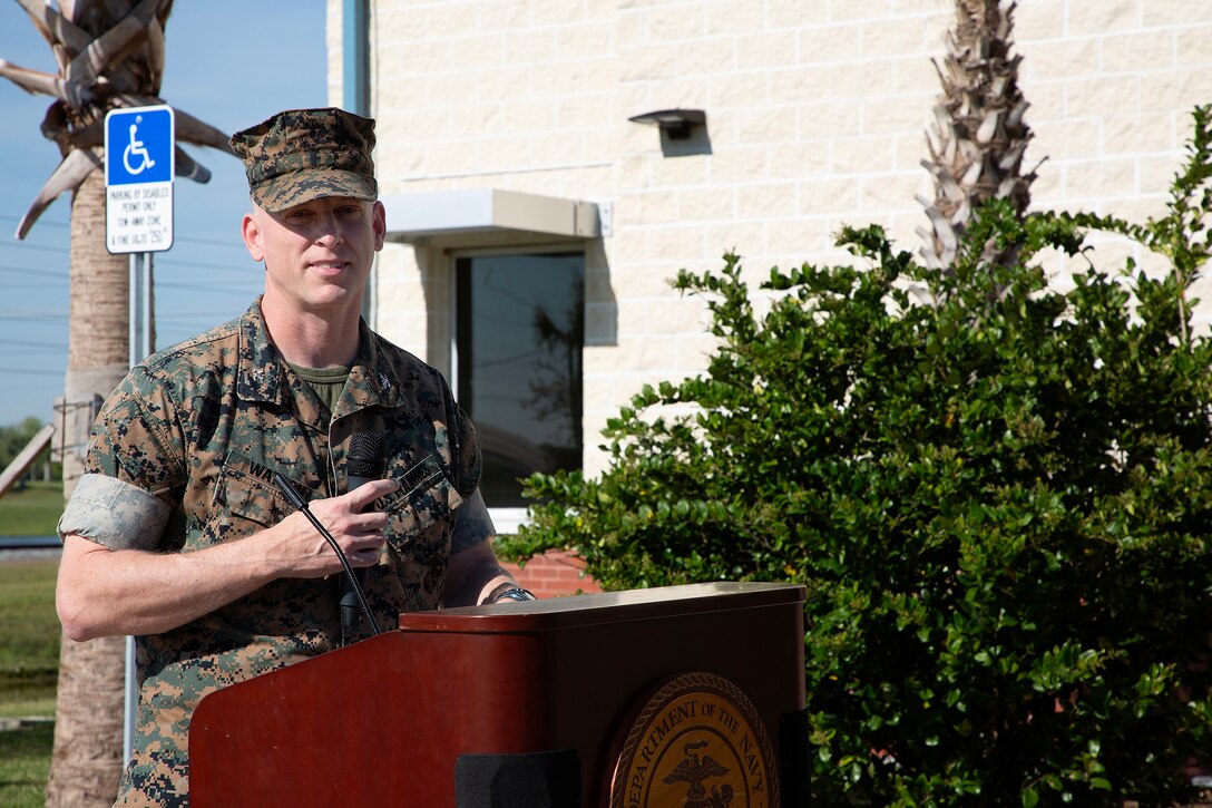 U.S. Marine Corps Col. Luke Watson, commanding officer of Blount Island Command, speaks during a ribbon-cutting ceremony March 26 at Marine Corps Support Facility Blount Island in Jacksonville, Florida. A new $14.2 million police station and emergency operations center opened on the facility, consolidating vital functions into a single, hardened structure and enhancing protection for Marine Corps' prepositioning programs. The up to date, 18,500-square-foot building combines the former police station and emergency operations center, which had been in structures vulnerable to hurricanes.