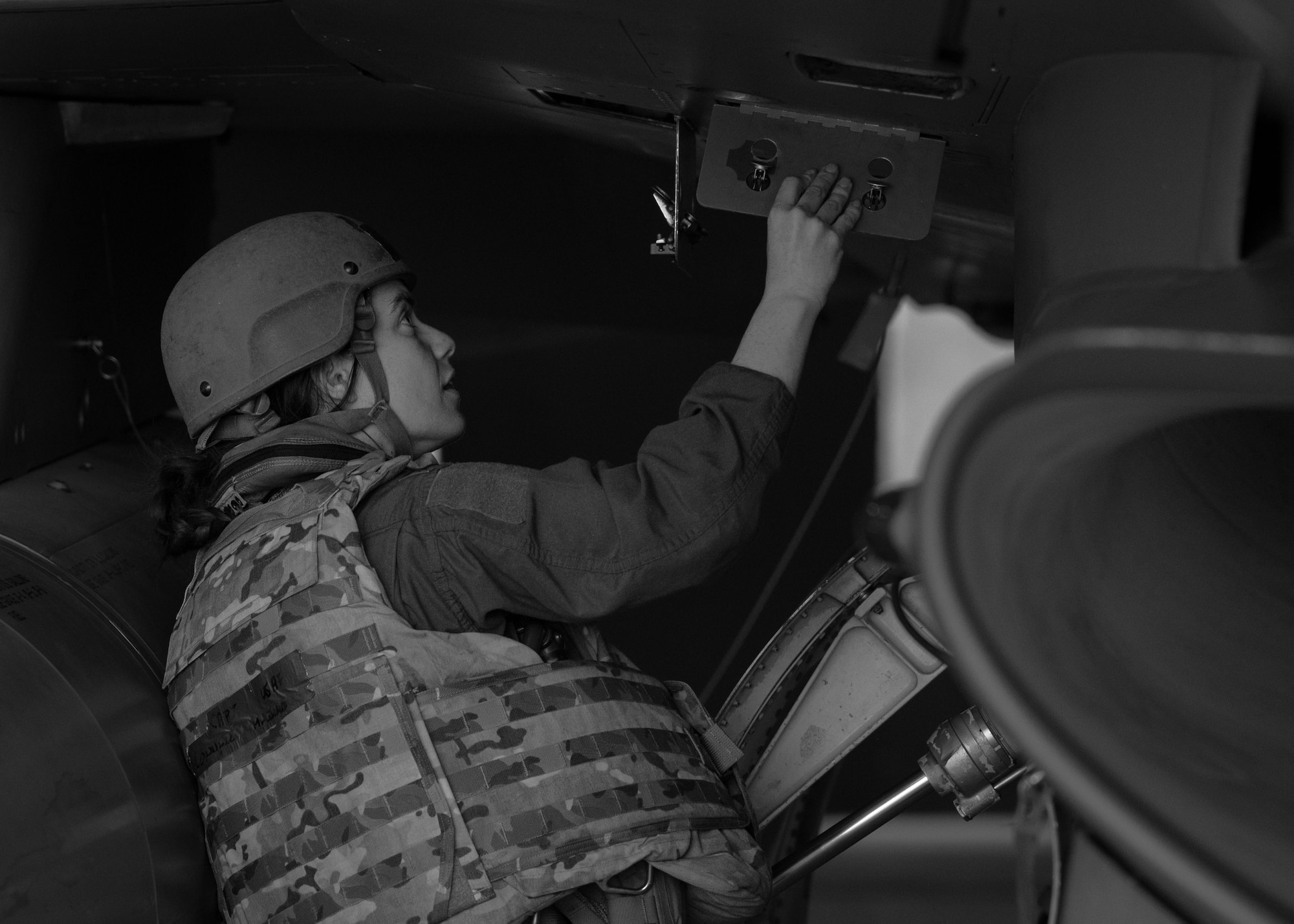 U.S. Air Force Capt. Meghan Connell, 36th Fighter Squadron F-16 Fighting Falcon pilot, inspects an F-16 Fighting Falcon during Freedom Shield 25 at Suwon Republic of Korea Air Base, March 11, 2025. During FS25, personnel across Seventh Air Force participated in large-scale, realistic training to strengthen interoperability, reinforce the ROK-U.S. combined defense posture and increase combat readiness (U.S. Air Force photo by Senior Airman Sabrina Fuller-Judd)