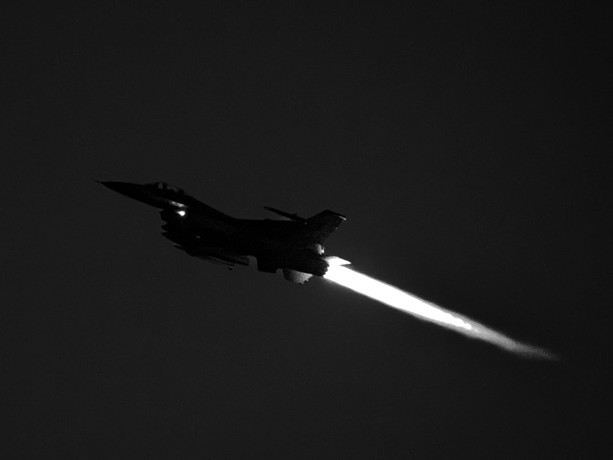 A U.S. Air Force F-16 Fighting Falcon assigned to the 36th Fighter Squadron takes off towards Osan Air Base following the conclusion of an agile combat employment exercise as part of Freedom Shield 25 at Suwon AB, Republic of Korea, March 13, 2025. During FS25, the 51st Fighter Wing exercised ACE capabilities to enhance the flexibility and resilience of forces, swiftly responding to any conflict from any location. (U.S. Air Force photo by Senior Airman Sabrina Fuller-Judd) (This image was created in color and changed to black-and-white.)