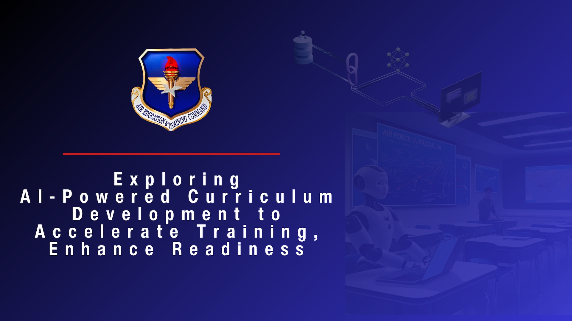 airman and robot working in classroom and picture of RAG model on blue background