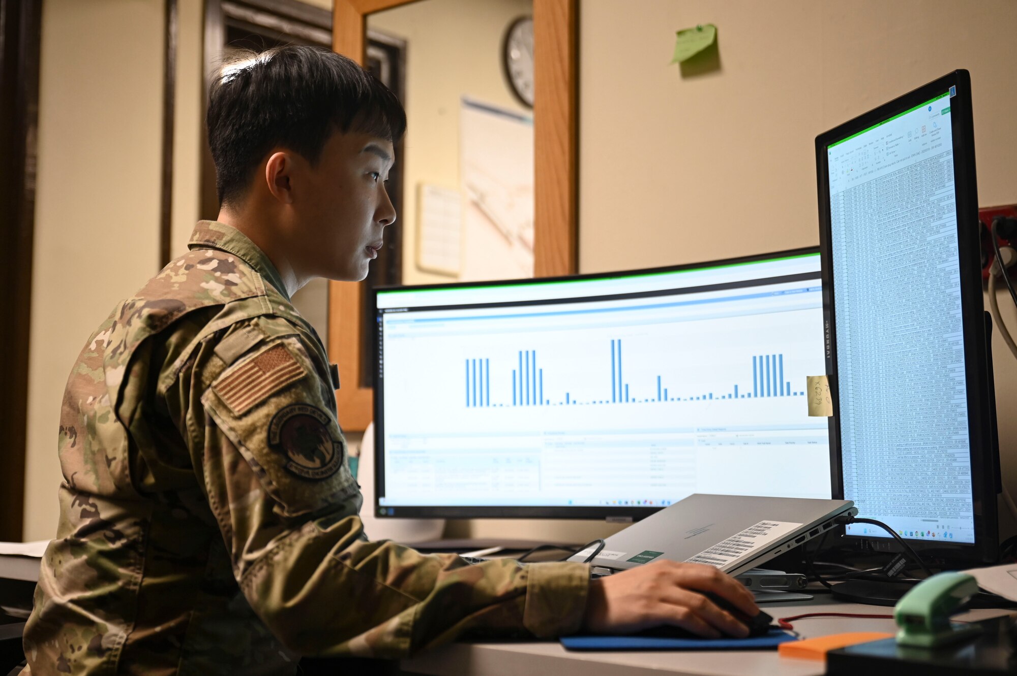 Senior Airman Sam Kim, 8th Civil Engineer Squadron facility maintenance team controller, reviews facility data at Kunsan Air Base, Republic of Korea.
