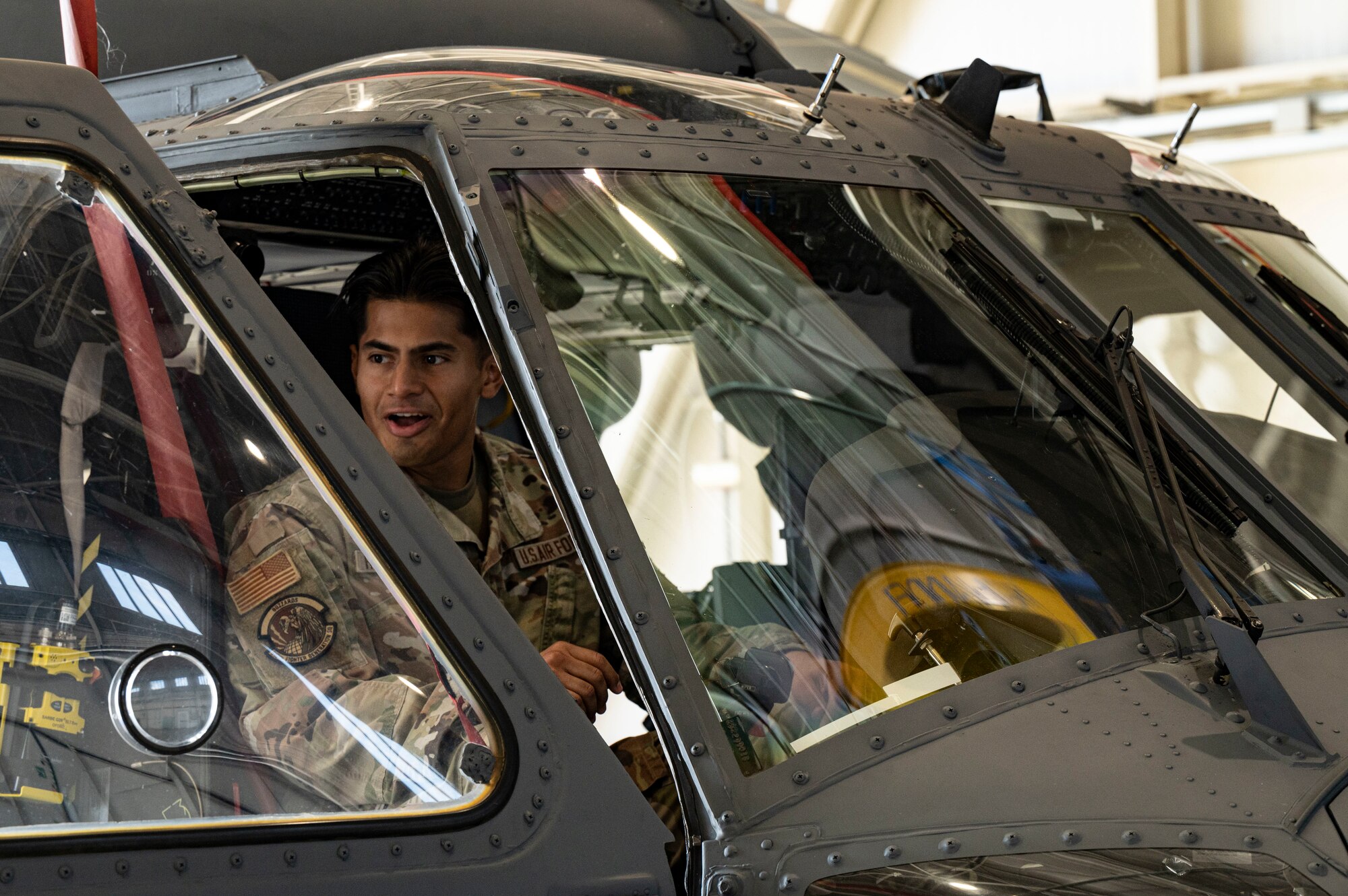 person in helicopter