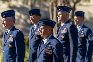 Leadership assigned to the 81st Training Wing stand at attention during an open ranks inspection at Keesler Air Force Base, Mississippi, March 6, 2025. The open ranks was part of four standards and readiness reviews that will take place throughout the year, which consider mental and physical health, fitness, deployment readiness, training and overall compliance with standards and resilience. (U.S. Air Force photo by Andrew Young)