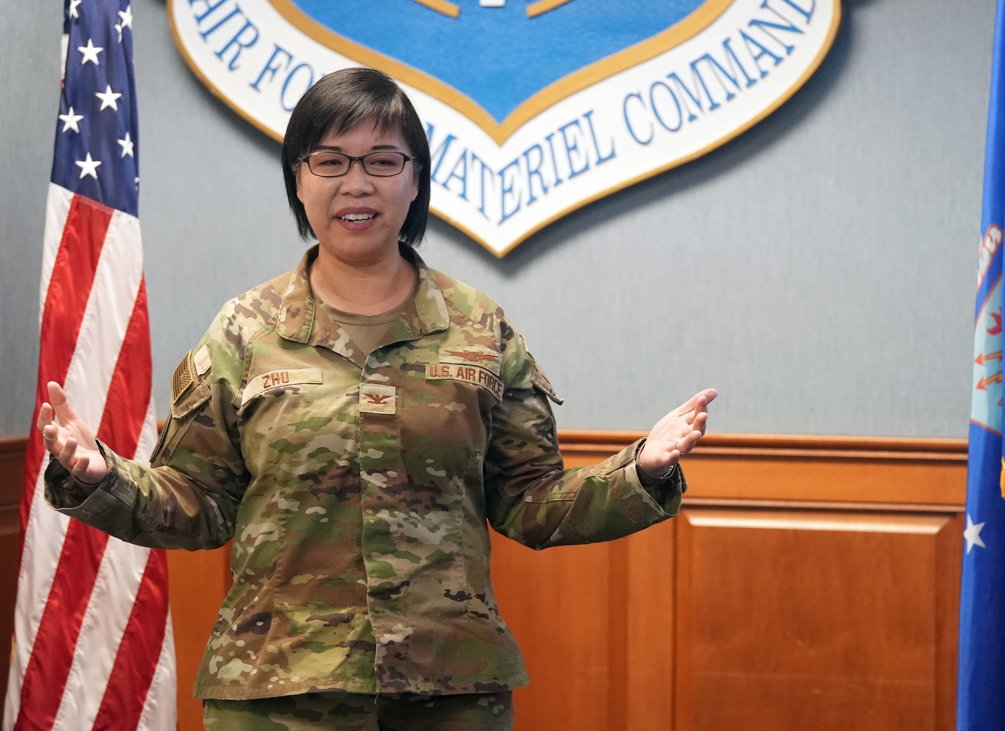 Col. Bai Lan Zhu, the Advanced Battle Management System division senior materiel leader, gives a professional development talk March 12, 2025, here. Zhu’s presentation was part of an ongoing series of professional development talks where division leaders within the Department of the Air Force’s Program Executive Office for Command, Control, Communications and Battle Management talk about their roles within the DAF BATTLE NETWORK. ABMS is responsible for fielding aerial and terrestrial digital infrastructure, software and applications, and distributed nodes for C2 and battle management for the DAF BATTLE NETWORK – a system-of-systems that galvanizes the department’s command, control, and battle management capabilities. (Official U.S. Air Force Photo by Richard Blumenstein)