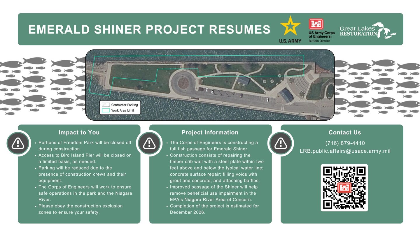 Infographic to inform the public about the U.S. Army Corps of Engineers Buffalo District's Emerald Shiner Fish Passage project at Freedom Park in Buffalo, N.Y.