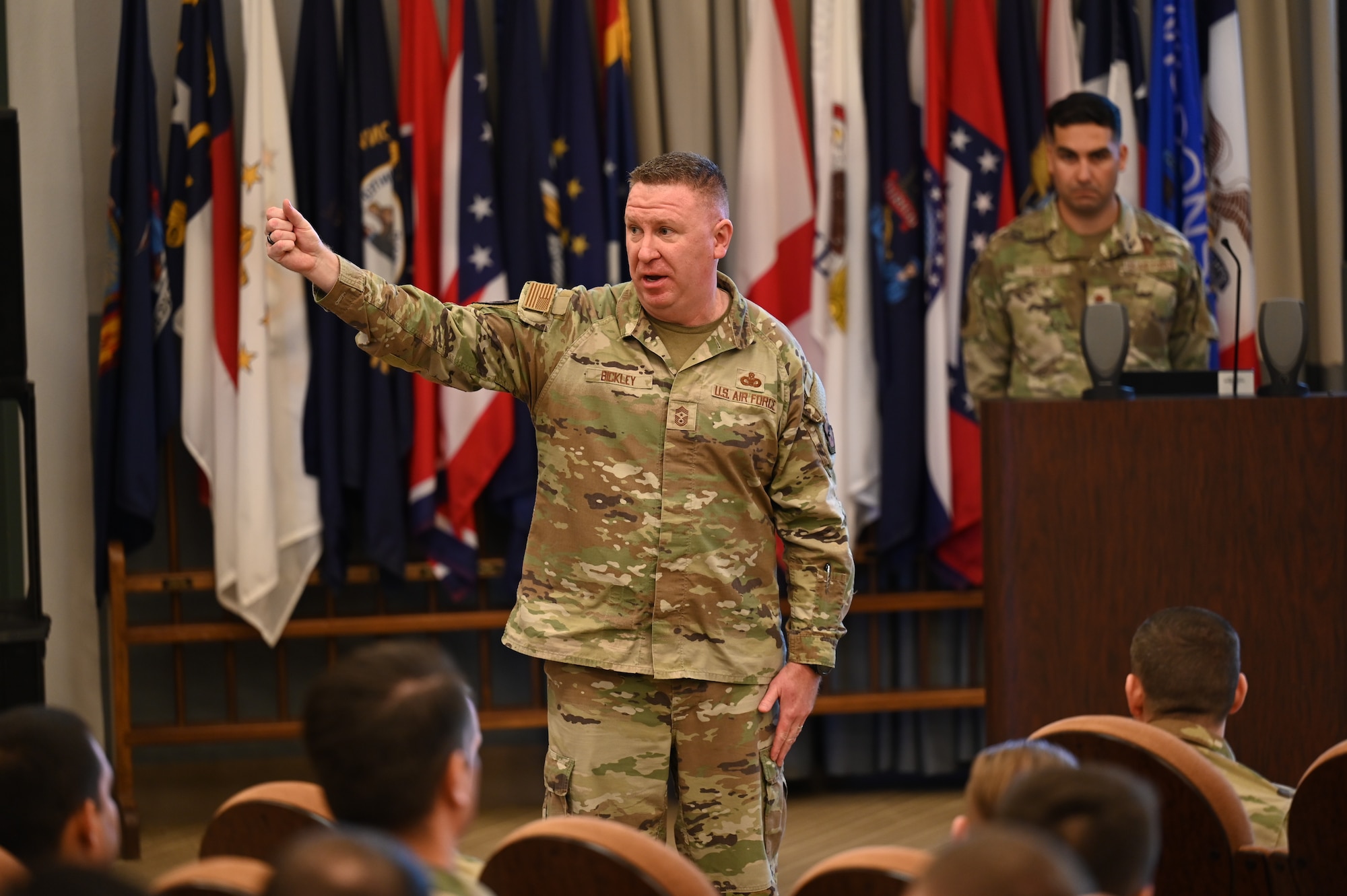 U.S. Air Force Chief Master Sgt. Chad Bickley, Air Education and Training Command command chief, meets with Airmen at the 532nd Training Squadron.