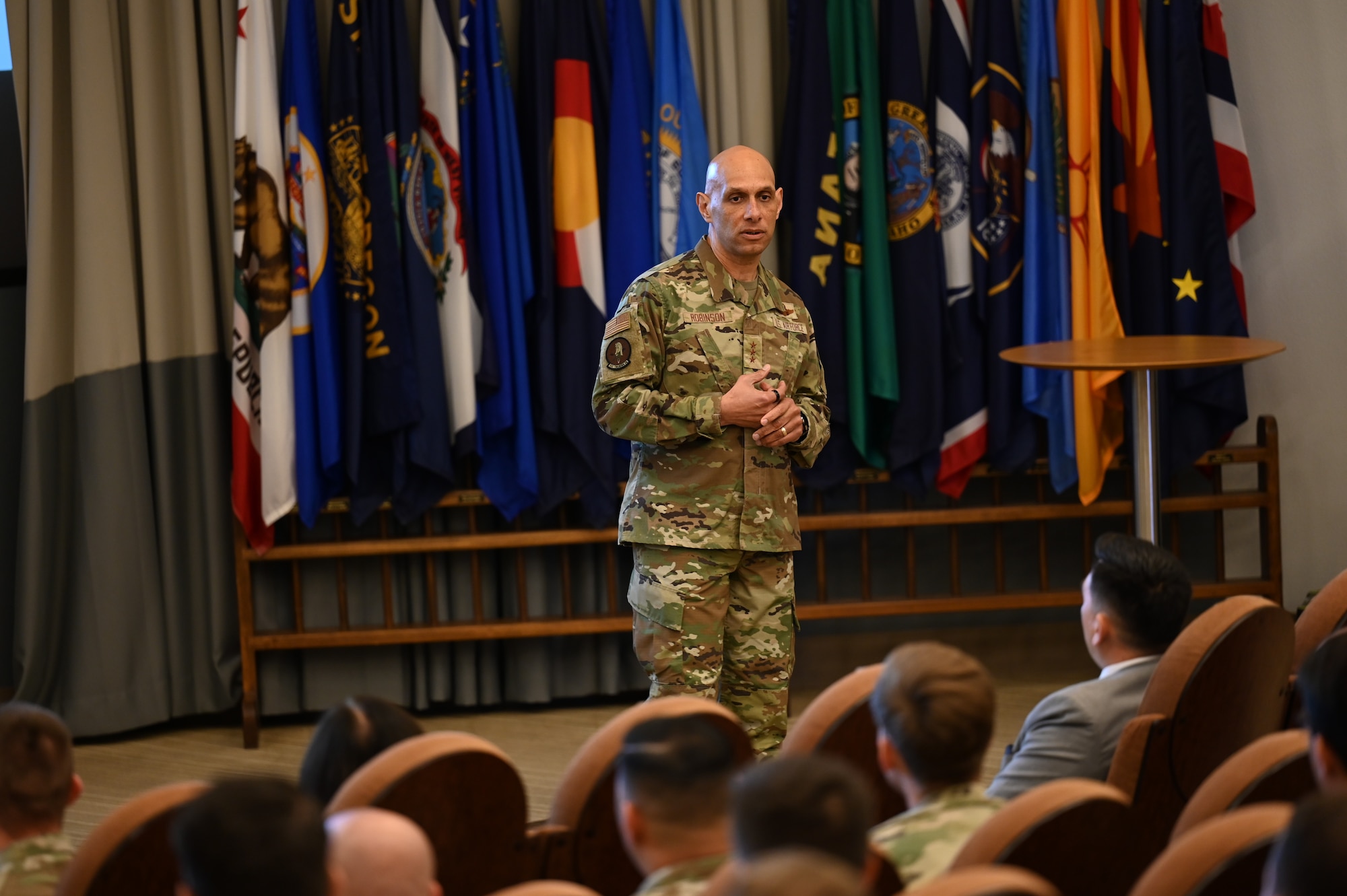 U.S. Air Force Lt. Gen. Brian Robinson, Air Education and Training Command commander, meets with Airmen at the 532nd Training Squadron.