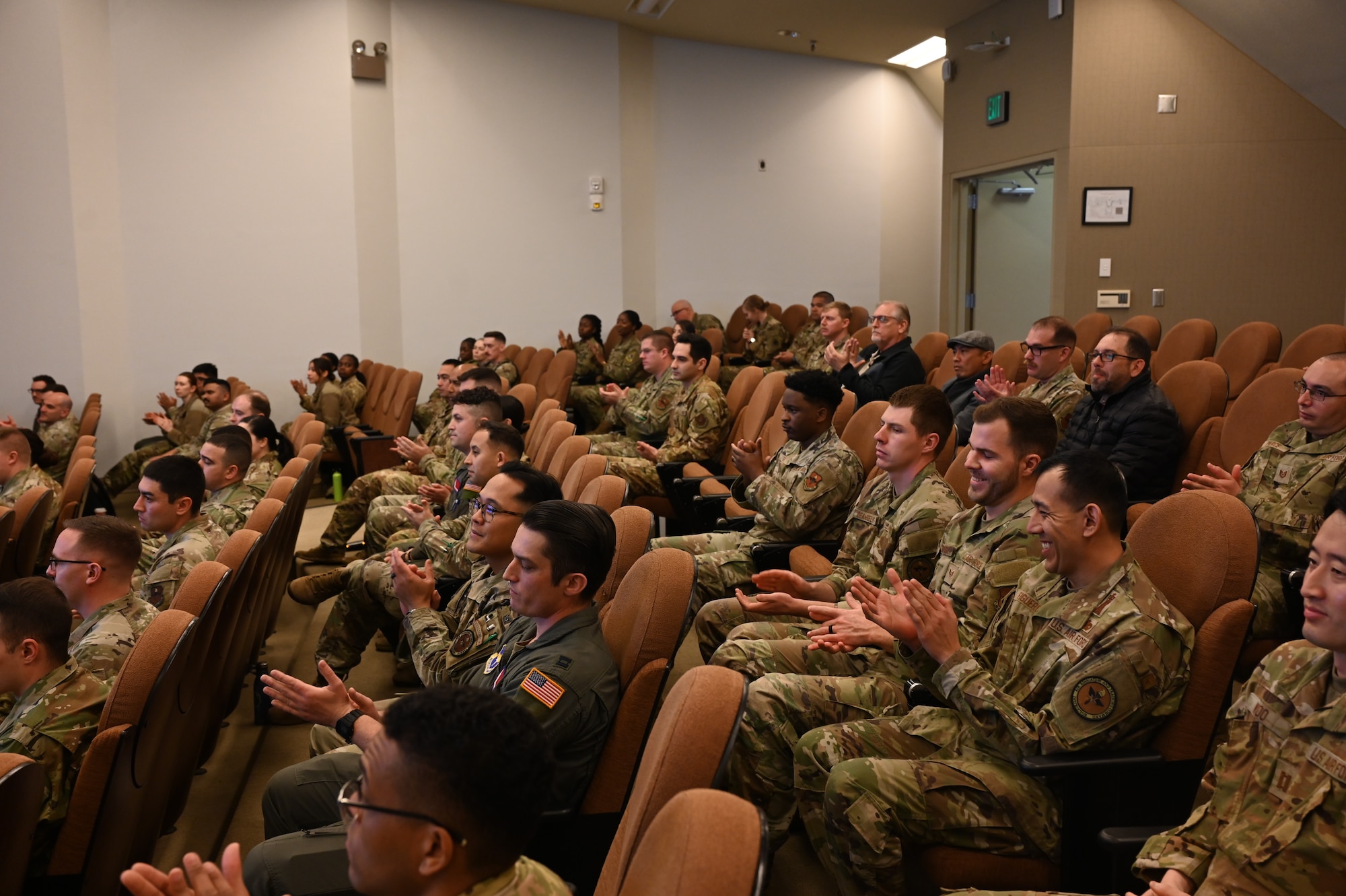 U.S. Air Force Lt. Gen. Brian Robinson, Air Education and Training Command commander and U.S. Air Force Chief Master Sgt. Chad Bickley, Air Education and Training Command command chief brief Vandenberg members on missile maintenance training developments during their visit.